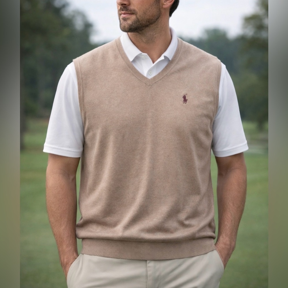-Polo by Ralph Lauren 100% Pima Cotton Vest Tan w/Maroon Rider Men's Size 3XL